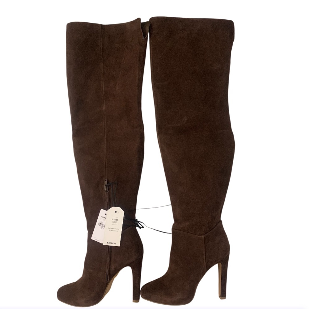 NWT Express Brian Atwood Collab Over-The-Knee Genuine Suede Boots Cognac 7